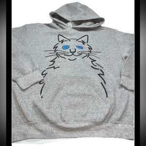 Marushka CAT HOODIE GRAY Hand Printed Sweatshirt Medium BLUE EYES adult Size Med